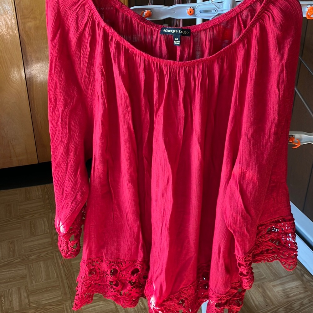 Beautiful red top with lace and elastic gathered neckline